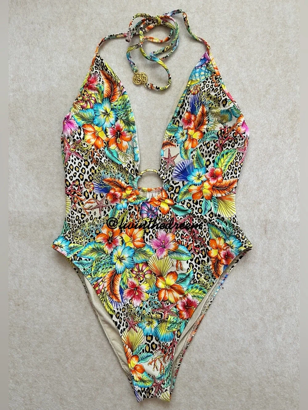 Luli Fama Jungle Tropical Floral Plunge One-Piece Swimsuit - Multicolor SZ XL